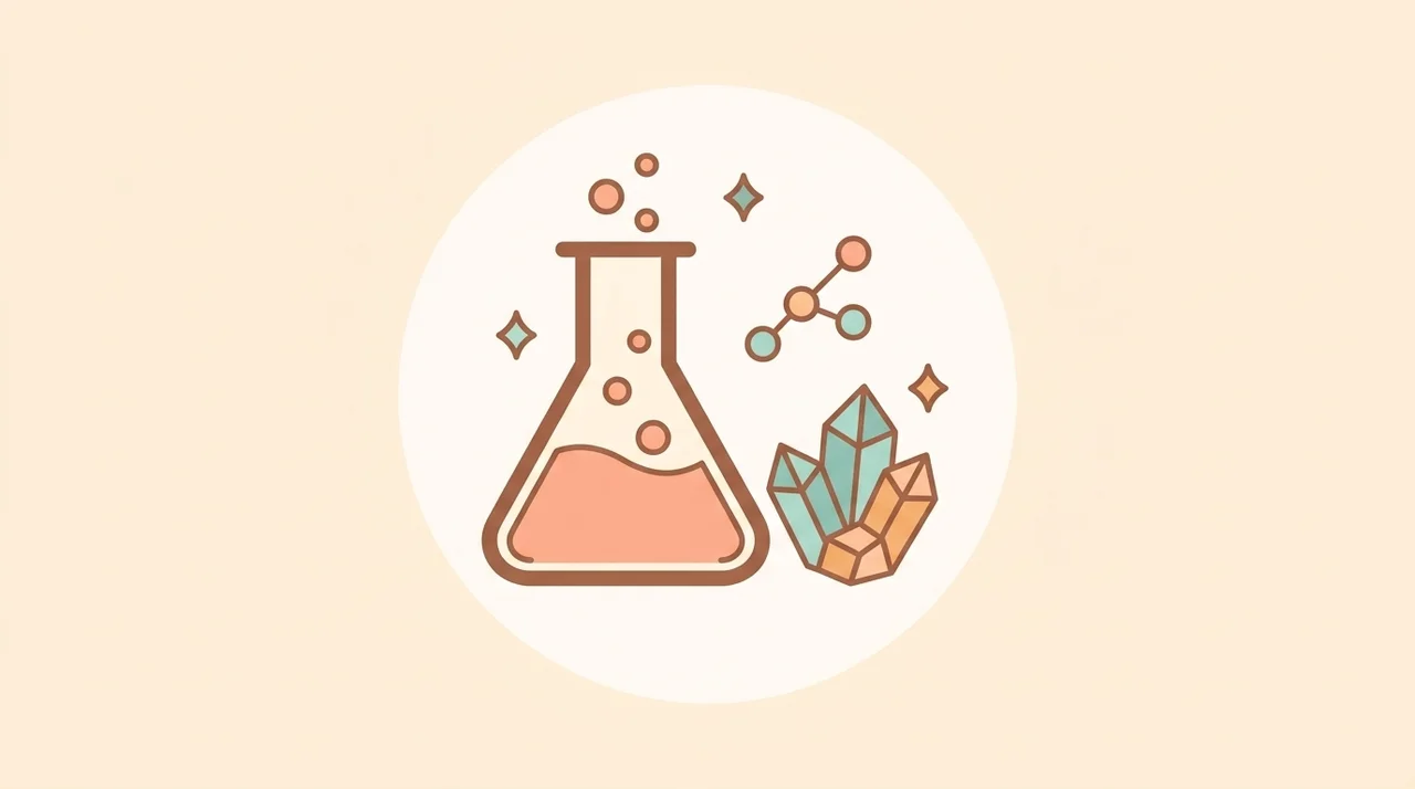 Illustration d’une fiole de chimie, de cristaux et d’une molécule